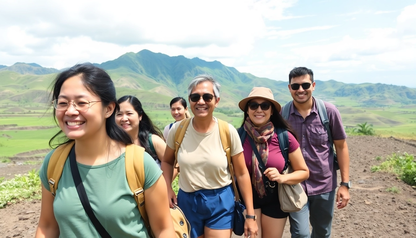 Illustration of a guide leading travelers through Lombok's scenic landscape, emphasizing exploration and cultural discovery in Indonesia.