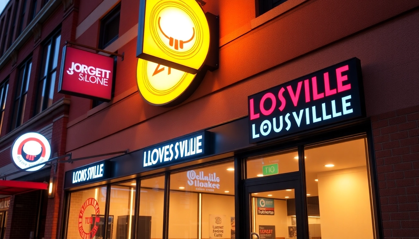 Custom sign company in Louisville showcasing illuminated business signs on a modern building at dusk, emphasizing quality craftsmanship and branding impact