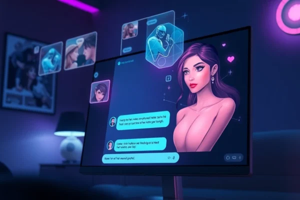 Futuristic AI chat interface with an animated female character and holographic visuals in a dimly lit room.
