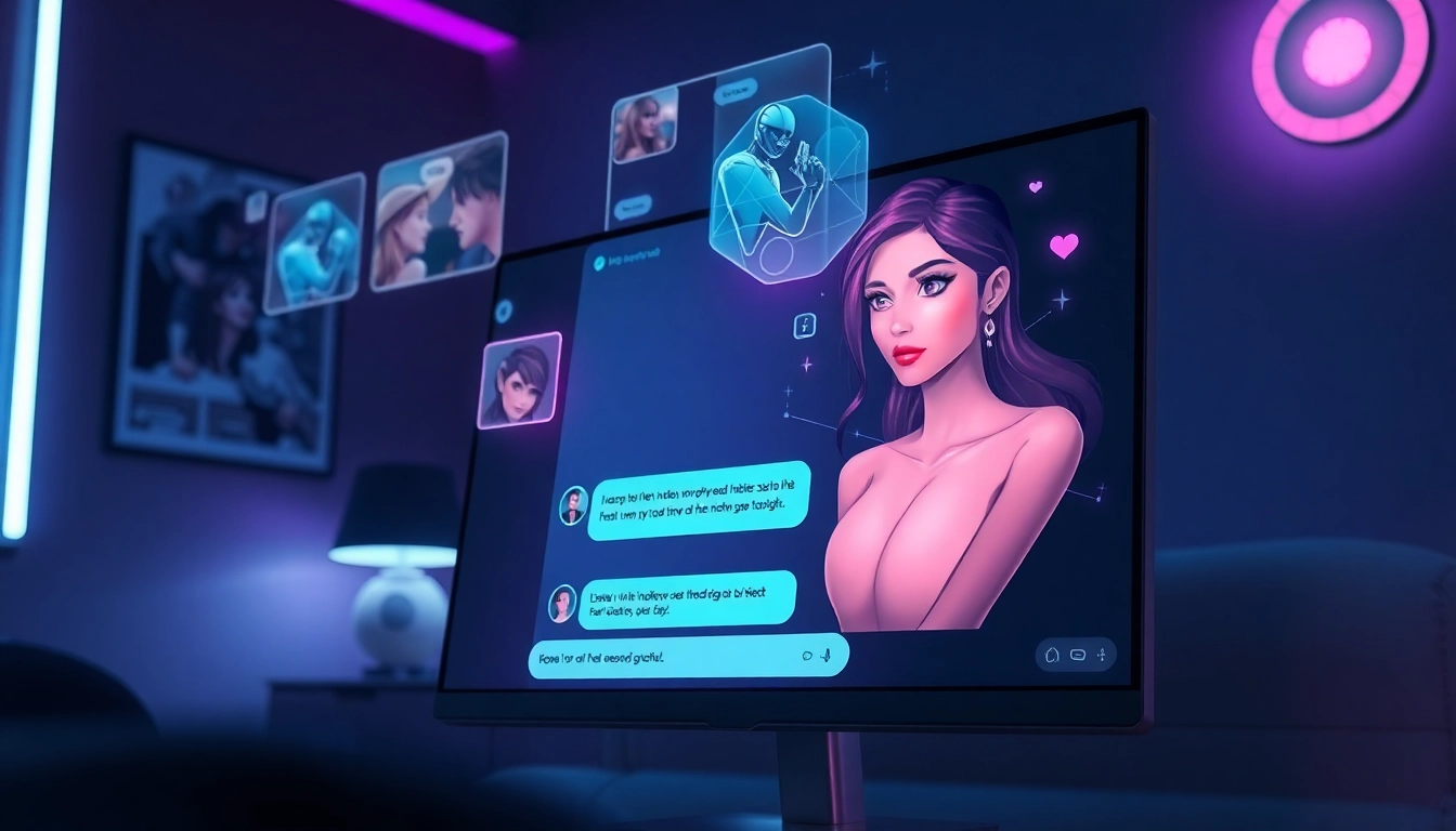 Futuristic AI chat interface with an animated female character and holographic visuals in a dimly lit room.