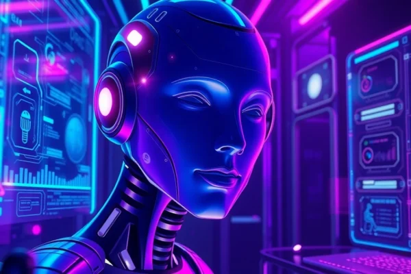 Futuristic AI character with holographic visuals in a high-tech environment, glowing lights and digital interfaces creating an intimate, vibrant scene.