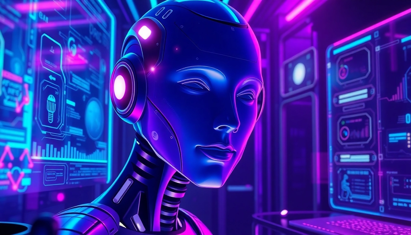 Futuristic AI character with holographic visuals in a high-tech environment, glowing lights and digital interfaces creating an intimate, vibrant scene.