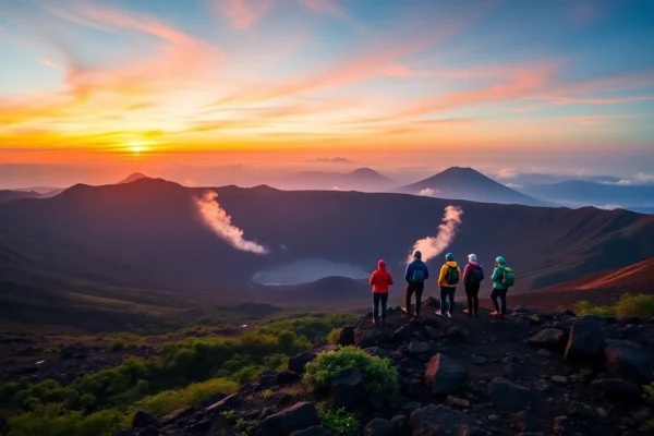 A group of hikers at sunrise on Mount Rinjani's crater rim, overlooking the volcanic landscape.