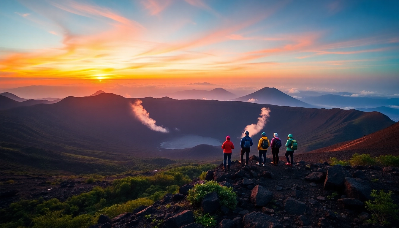 A group of hikers at sunrise on Mount Rinjani's crater rim, overlooking the volcanic landscape.