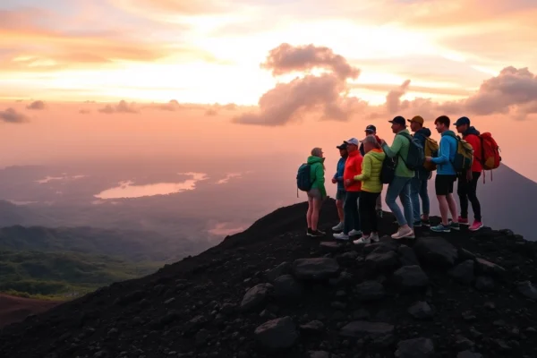 Hikers celebrating at sunrise on Mount Rinjani's crater rim with vibrant colors and rugged volcanic terrain.