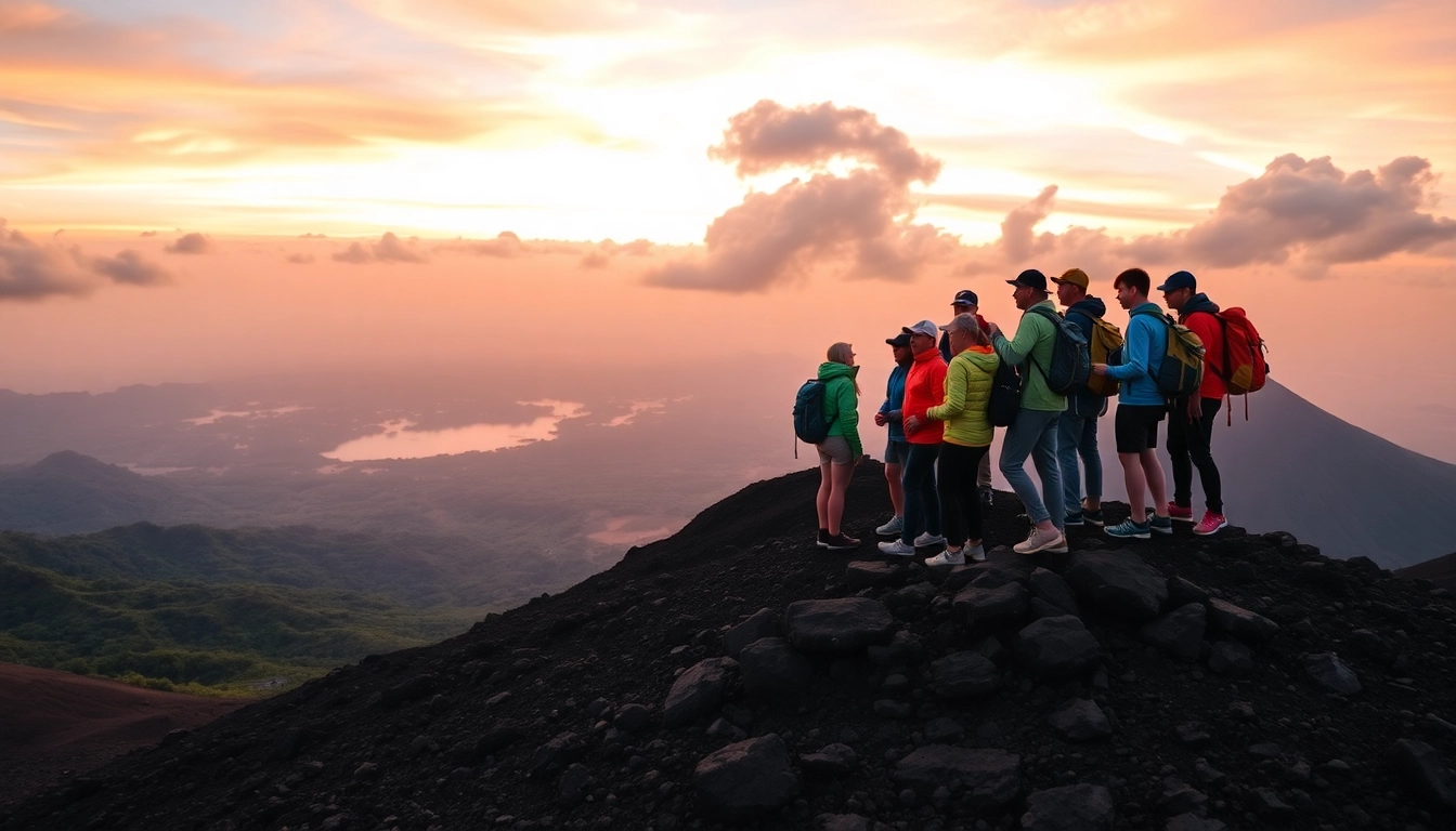 Hikers celebrating at sunrise on Mount Rinjani's crater rim with vibrant colors and rugged volcanic terrain.