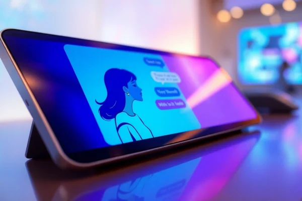 Digital art of an AI chat interface with vibrant colors and expressive visuals of an AI girlfriend on a modern screen, highlighting emotional and immersive interaction.