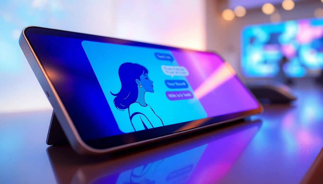 Digital art of an AI chat interface with vibrant colors and expressive visuals of an AI girlfriend on a modern screen, highlighting emotional and immersive interaction.