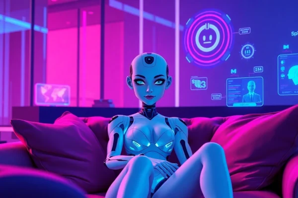 Futuristic digital AI character in a neon-lit room with holographic visuals and a playful, intimate atmosphere.