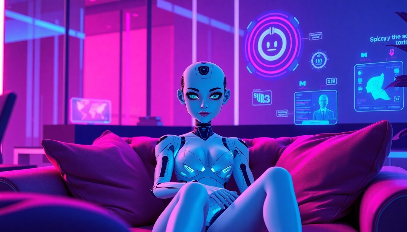 Futuristic digital AI character in a neon-lit room with holographic visuals and a playful, intimate atmosphere.