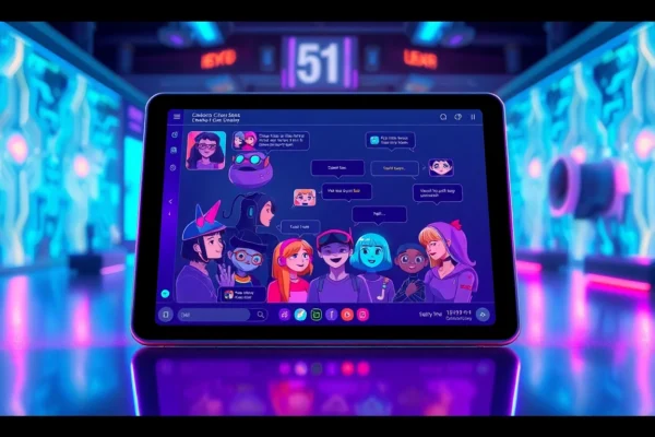 Futuristic chatbot interface with colorful AI characters engaging in group chat on a sleek tablet screen.
