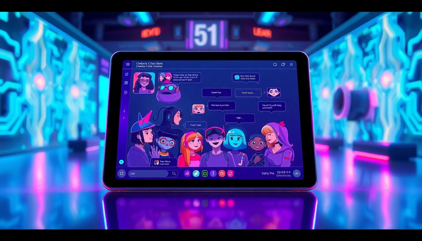 Futuristic chatbot interface with colorful AI characters engaging in group chat on a sleek tablet screen.