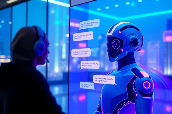 Futuristic AI chatbot interface on a high-tech screen with vibrant neon lights and dynamic conversation bubbles.