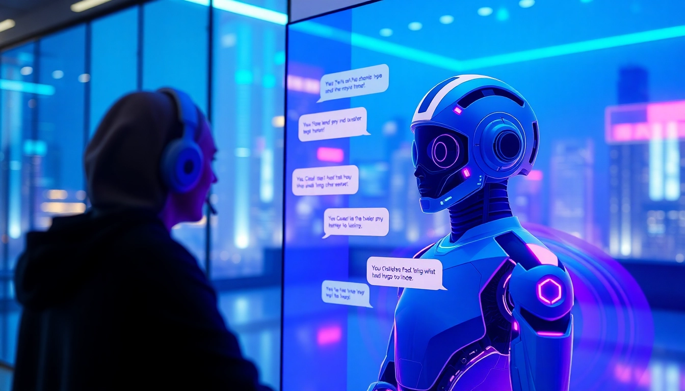 Futuristic AI chatbot interface on a high-tech screen with vibrant neon lights and dynamic conversation bubbles.
