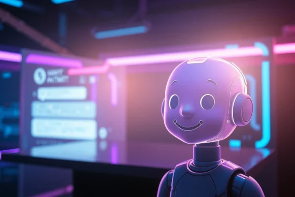 Futuristic AI chatbot interface with holographic character in a high-tech environment