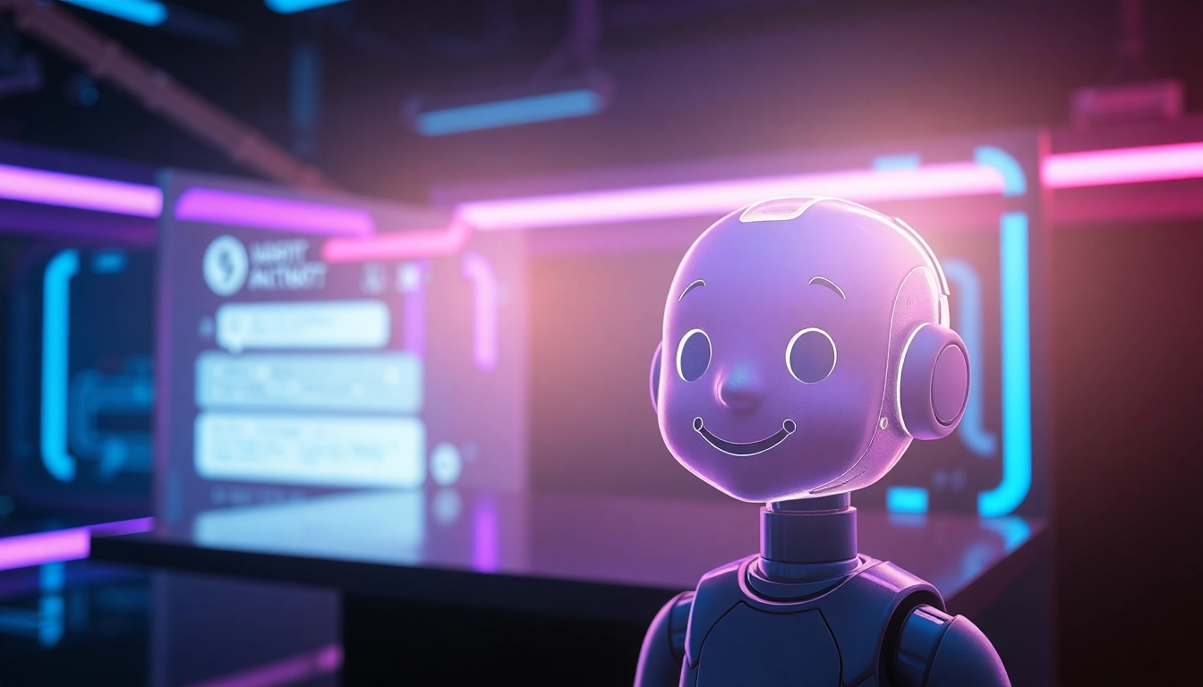Futuristic AI chatbot interface with holographic character in a high-tech environment