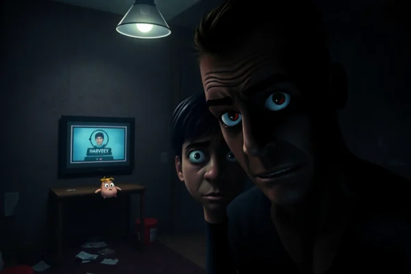 A tense scene showing a distressed player watching a suffering cartoon character in a dark, eerie room with a flickering light and unsettling atmosphere.