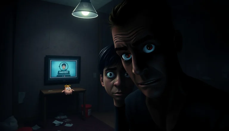 A tense scene showing a distressed player watching a suffering cartoon character in a dark, eerie room with a flickering light and unsettling atmosphere.