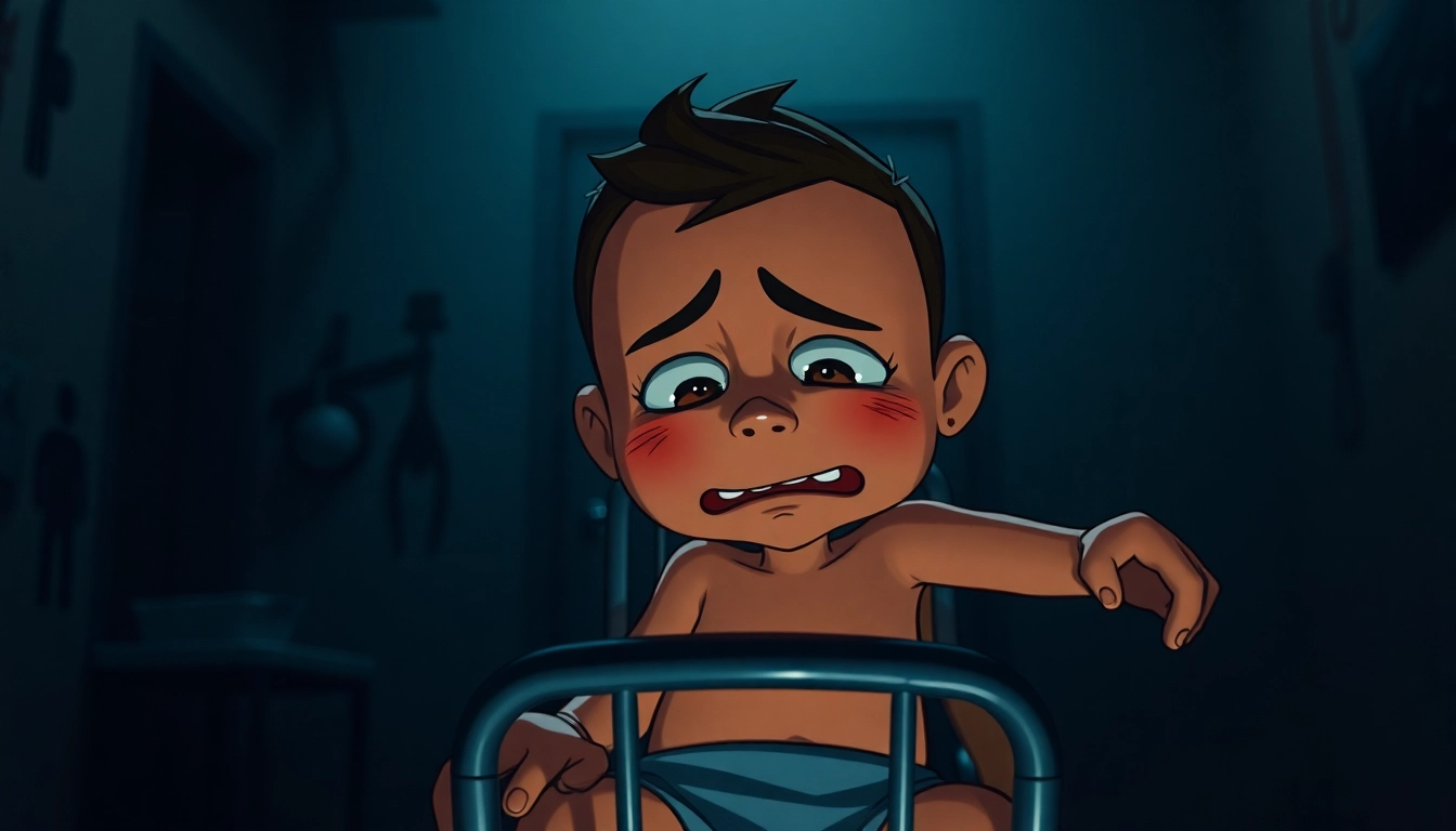 A distressed Harvey sitting in a clinical room, showing fear and suffering in a dark, unsettling atmosphere.