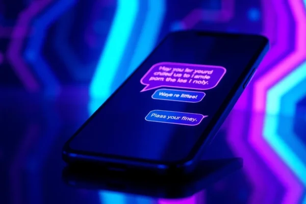 Close-up of a smartphone displaying a flirtatious chatbot conversation with neon accents and digital background.