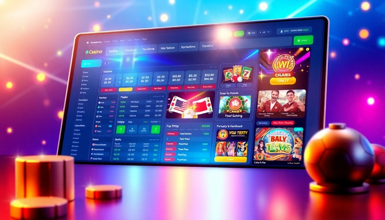 Digital illustration of an online sportsbook and casino platform interface with vibrant colors and modern design elements.
