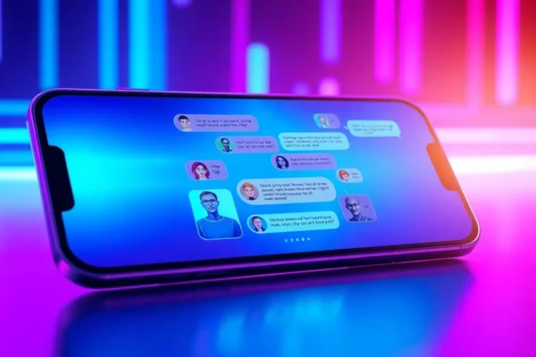 Futuristic chat interface with customizable AI characters on a neon-lit digital device screen.