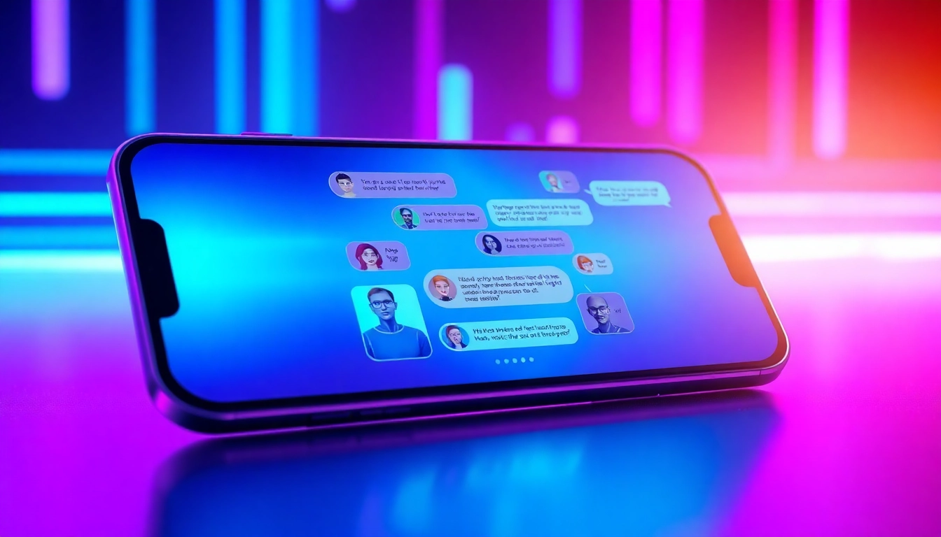 Futuristic chat interface with customizable AI characters on a neon-lit digital device screen.