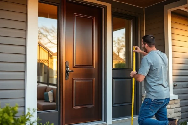 Efficient front door replacement: installer fits a custom fiberglass entry precisely.