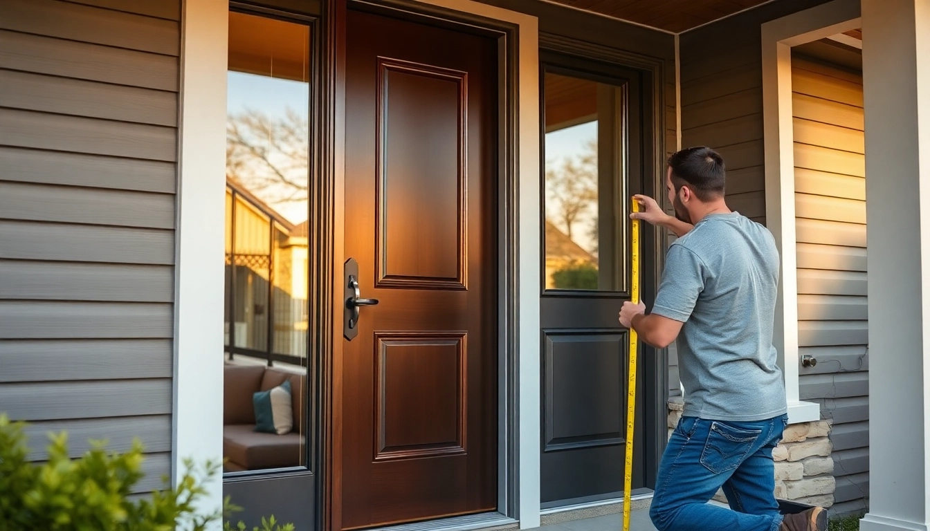 Efficient front door replacement: installer fits a custom fiberglass entry precisely.