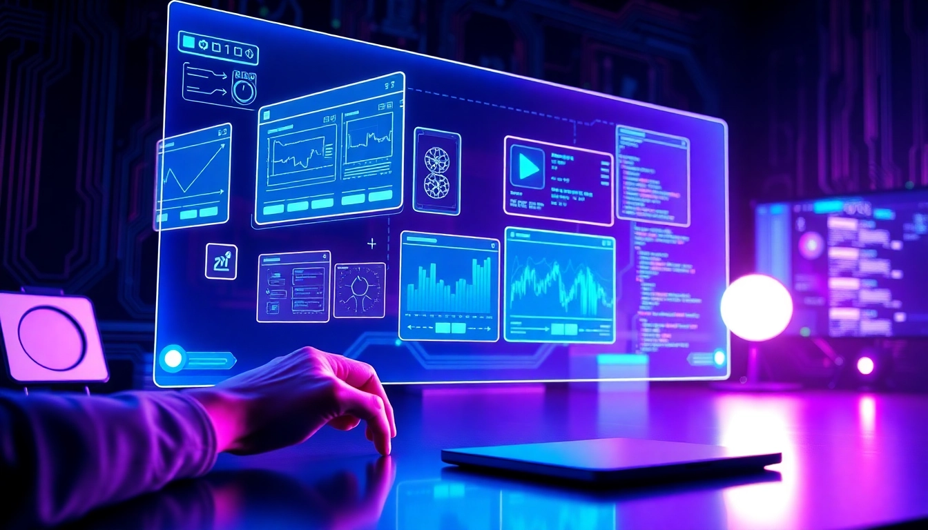 Futuristic AI workspace with holographic image editing interface and glowing digital panels.