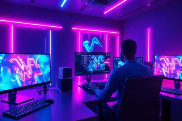 Futuristic digital studio with holographic interfaces and AI-generated visuals in a vibrant, high-tech setting.