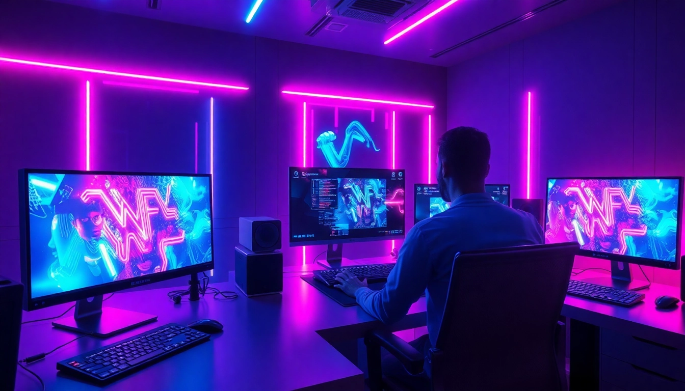 Futuristic digital studio with holographic interfaces and AI-generated visuals in a vibrant, high-tech setting.