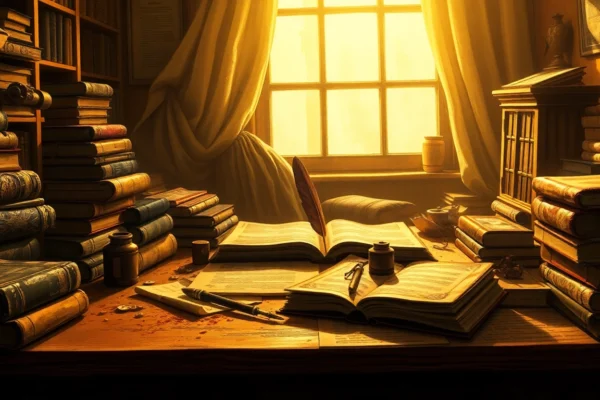 The Evolution of “Smut”: From Dirt to Taboo in Media and Literature Vintage study scene with old books and parchment illuminated by warm light