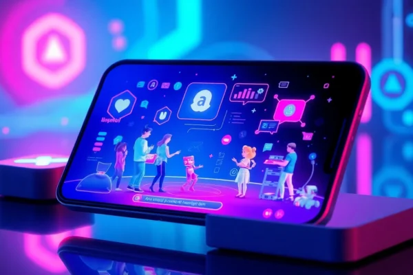 An illustration of a futuristic AI chatbot interface on a device, with vibrant neon colors and animated characters interacting in a digital environment.
