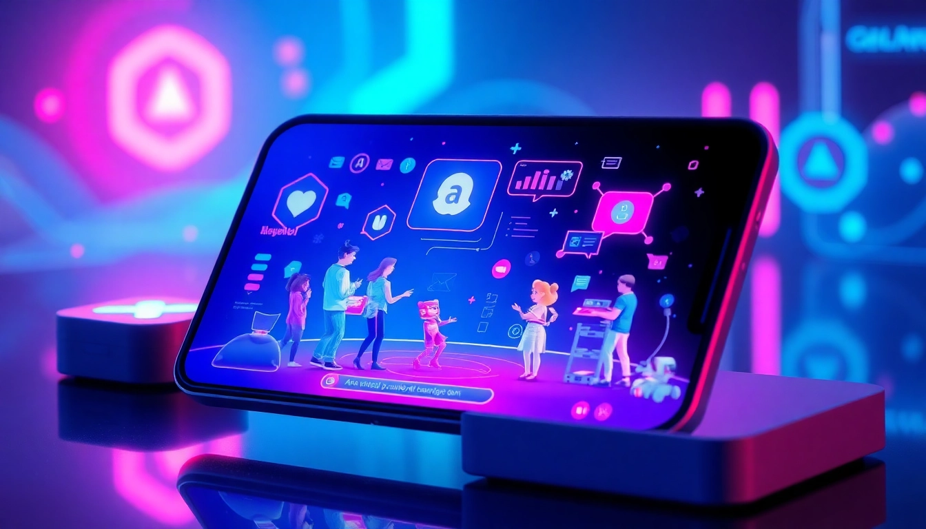 An illustration of a futuristic AI chatbot interface on a device, with vibrant neon colors and animated characters interacting in a digital environment.