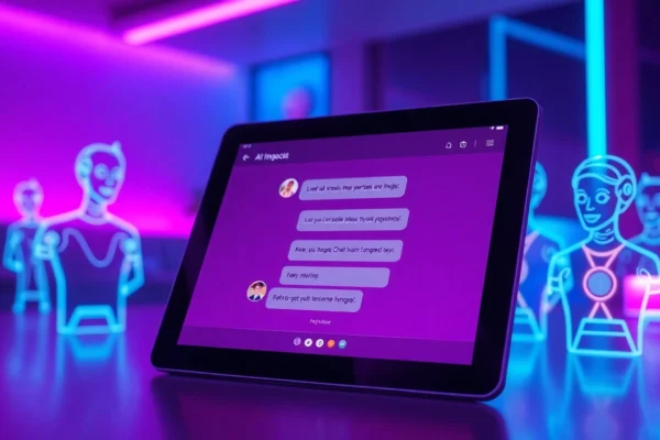 Futuristic chat interface with holographic AI characters on a modern tablet in a neon-lit environment.