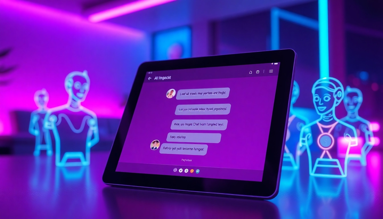 Futuristic chat interface with holographic AI characters on a modern tablet in a neon-lit environment.