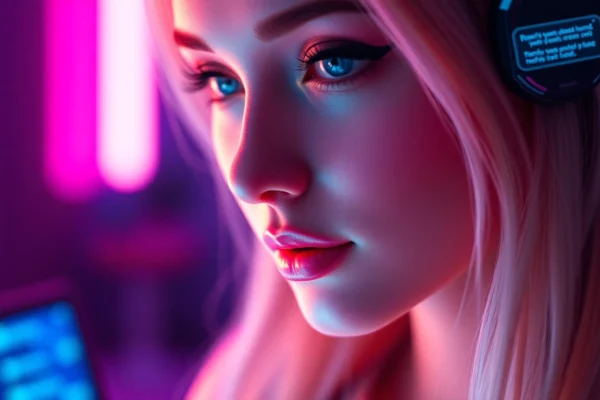 AI girlfriend engaging in a realistic, personalized chat on a sleek device, emphasizing emotional connection and advanced AI interaction for accessibility and comfort.