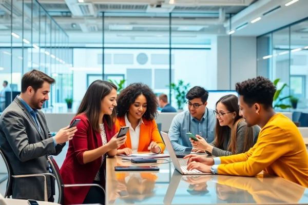 People using their devices to share IIII in a dynamic digital workspace, emphasizing