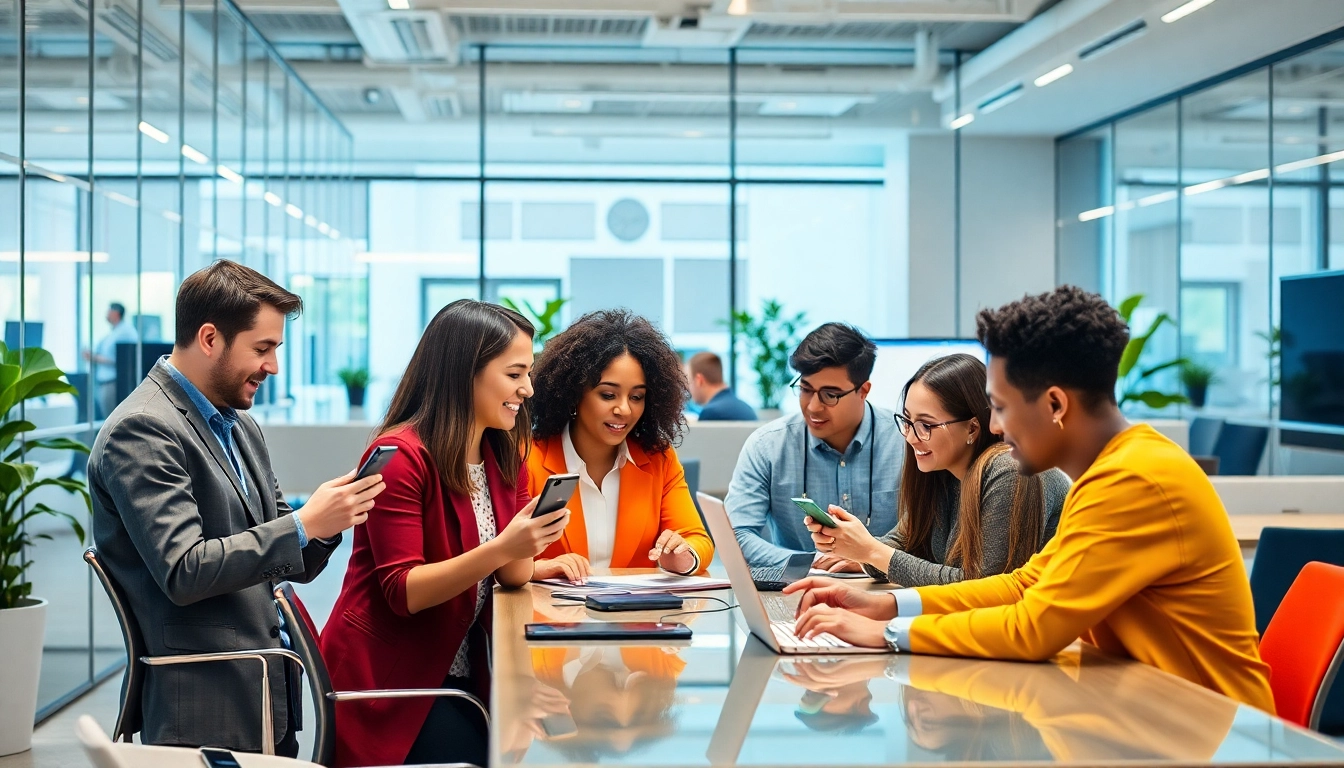 People using their devices to share IIII in a dynamic digital workspace, emphasizing