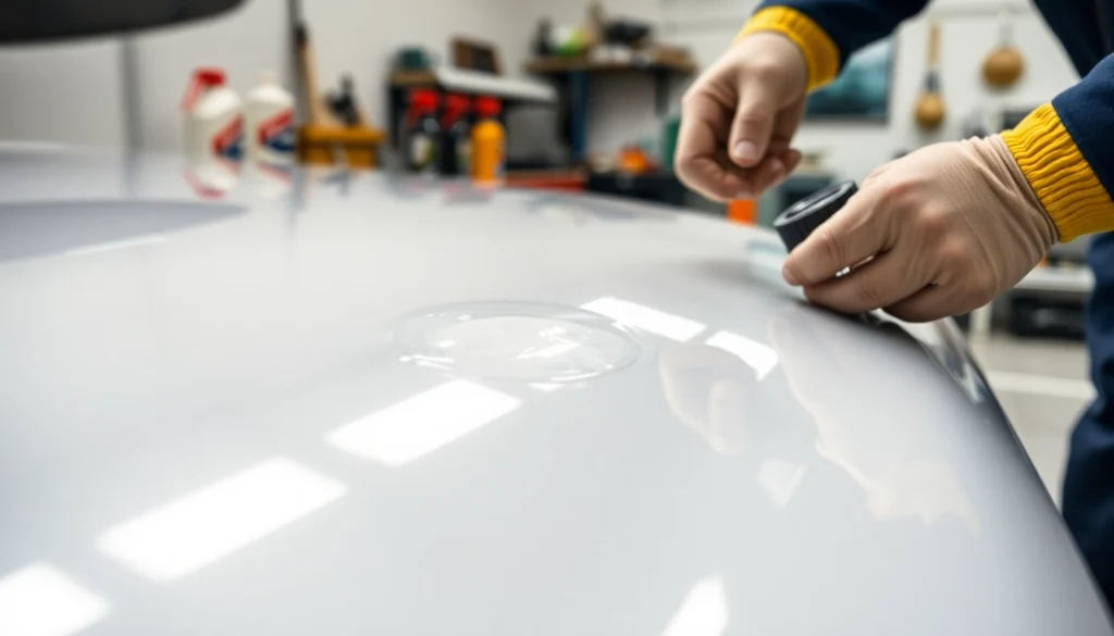 Professional applying Wohnmobil Politursiegelung to a gleaming GFK surface for long-lasting