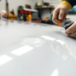 Professional applying Wohnmobil Politursiegelung to a gleaming GFK surface for long-lasting