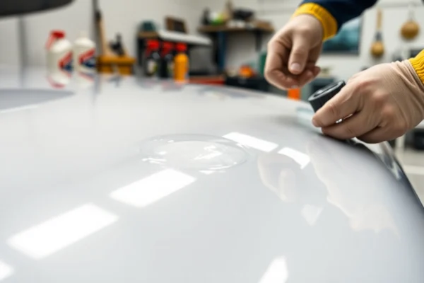 Professional applying Wohnmobil Politursiegelung to a gleaming GFK surface for long-lasting